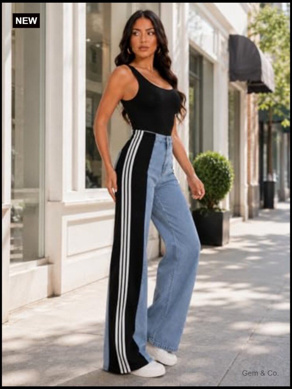 Womens High Waisted Wide Leg Jeans with Patchwork Stripes Stretchy Denim - Picture 6 of 7